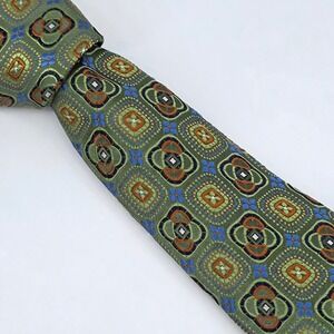 Peter Millar 100% Silk Tie Olive Green Geometric Medallion Orange Blue USA Made